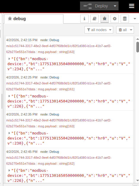 Modbus data in Node-RED debug panel